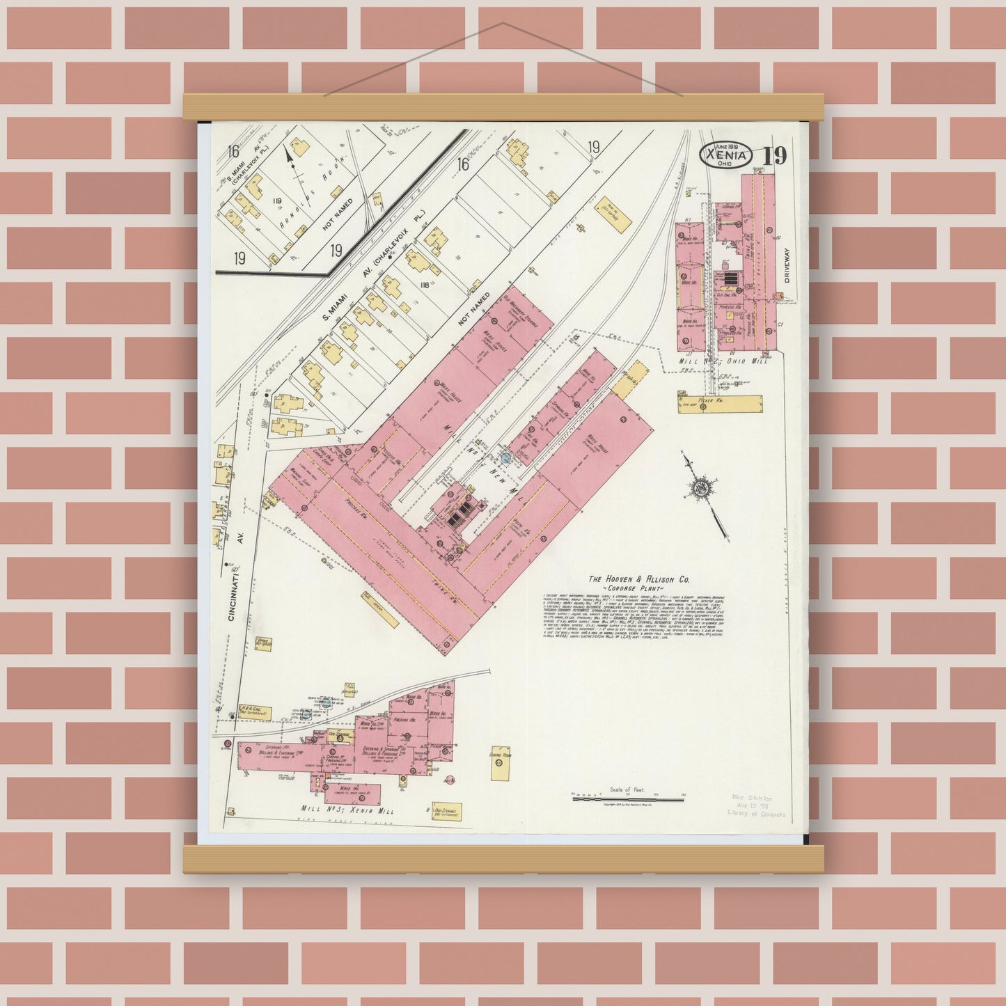 Old map wall art mockup — magnetic wood frame on brick wall — Sanborn Fire Insurance Map from Xenia, Greene County, Ohio (1919), Sheet #0019