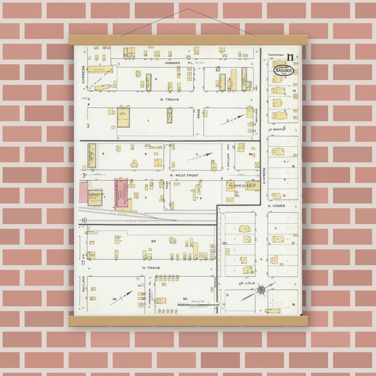 Old map wall art mockup — magnetic wood frame on brick wall — Sanborn Fire Insurance Map from Ranger, Eastland County, Texas (1920), Sheet #0011