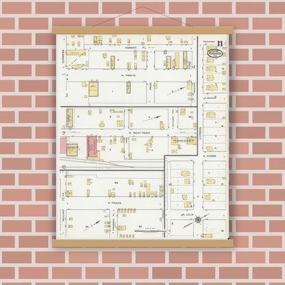 Old map wall art mockup — magnetic wood frame on brick wall — Sanborn Fire Insurance Map from Ranger, Eastland County, Texas (1920), Sheet #0011