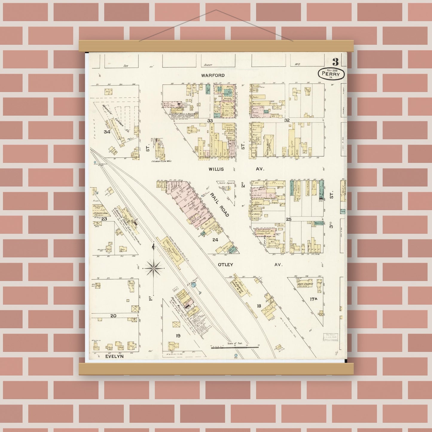 Old map wall art mockup — magnetic wood frame on brick wall — Sanborn Fire Insurance Map from Perry, Dallas County, Iowa (1888), Sheet #0003
