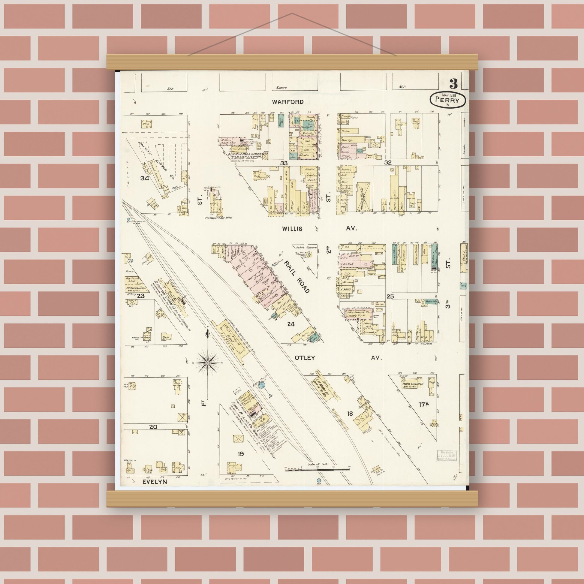 Old map wall art mockup — magnetic wood frame on brick wall — Sanborn Fire Insurance Map from Perry, Dallas County, Iowa (1888), Sheet #0003