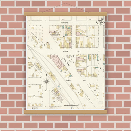 Old map wall art mockup — magnetic wood frame on brick wall — Sanborn Fire Insurance Map from Perry, Dallas County, Iowa (1888), Sheet #0003