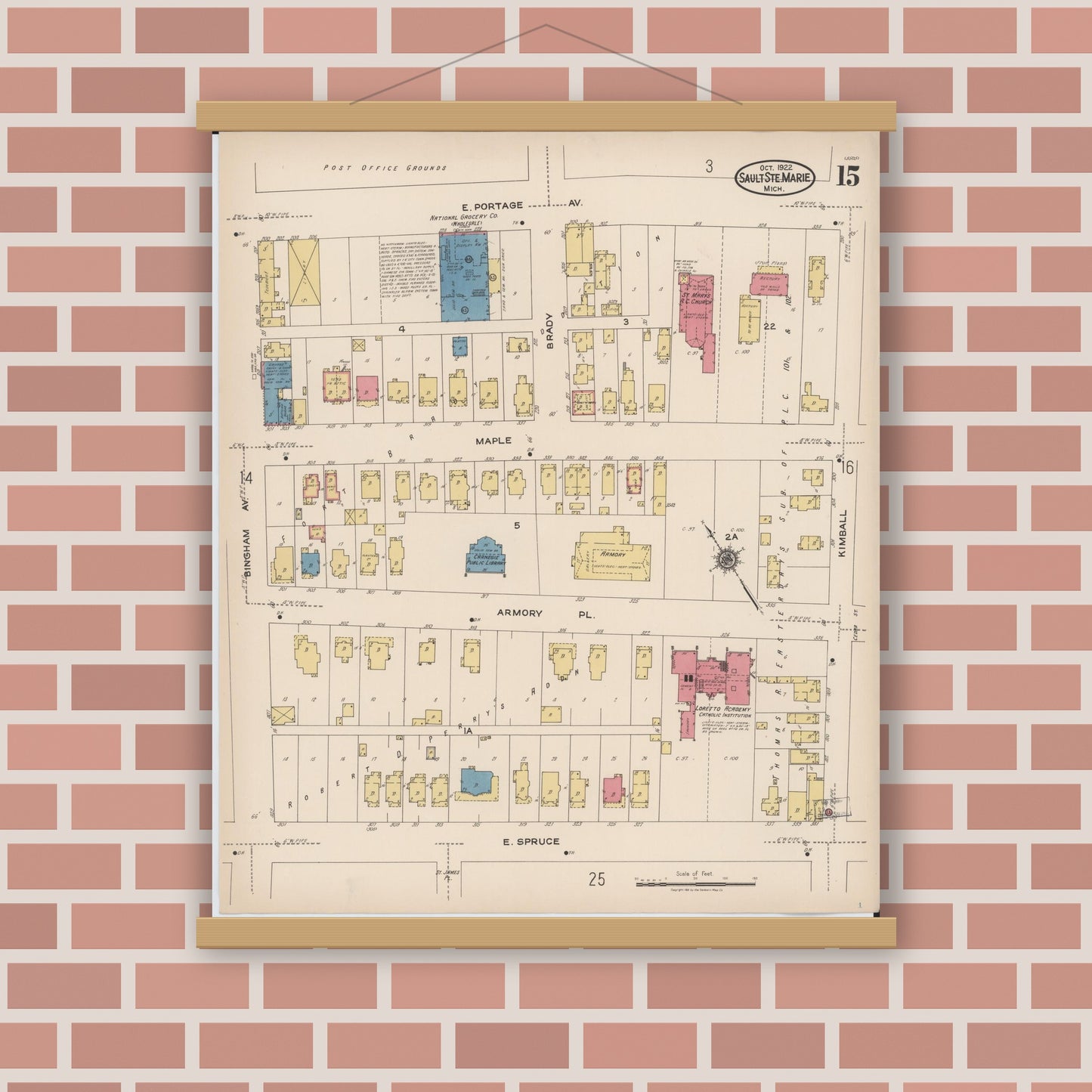 Old map wall art mockup — magnetic wood frame on brick wall — Sanborn Fire Insurance Map from Sault Sainte Marie, Chippewa County, Michigan (1922), Sheet #0015
