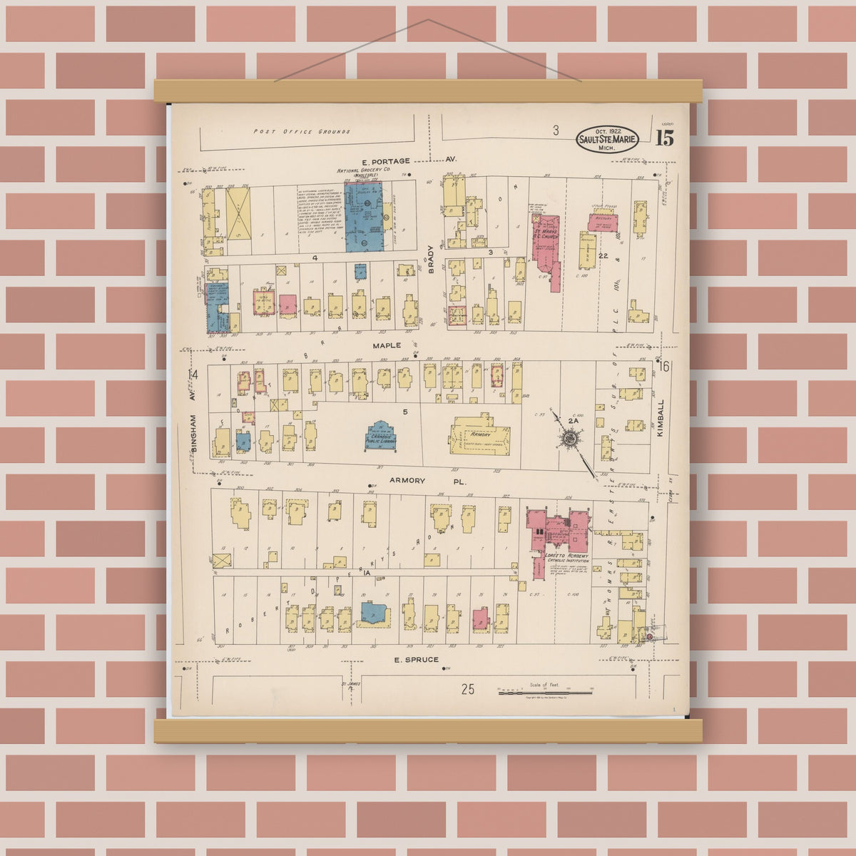 Old map wall art mockup — magnetic wood frame on brick wall — Sanborn Fire Insurance Map from Sault Sainte Marie, Chippewa County, Michigan (1922), Sheet #0015