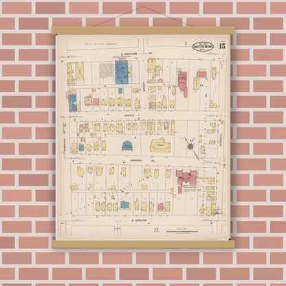 Old map wall art mockup — magnetic wood frame on brick wall — Sanborn Fire Insurance Map from Sault Sainte Marie, Chippewa County, Michigan (1922), Sheet #0015