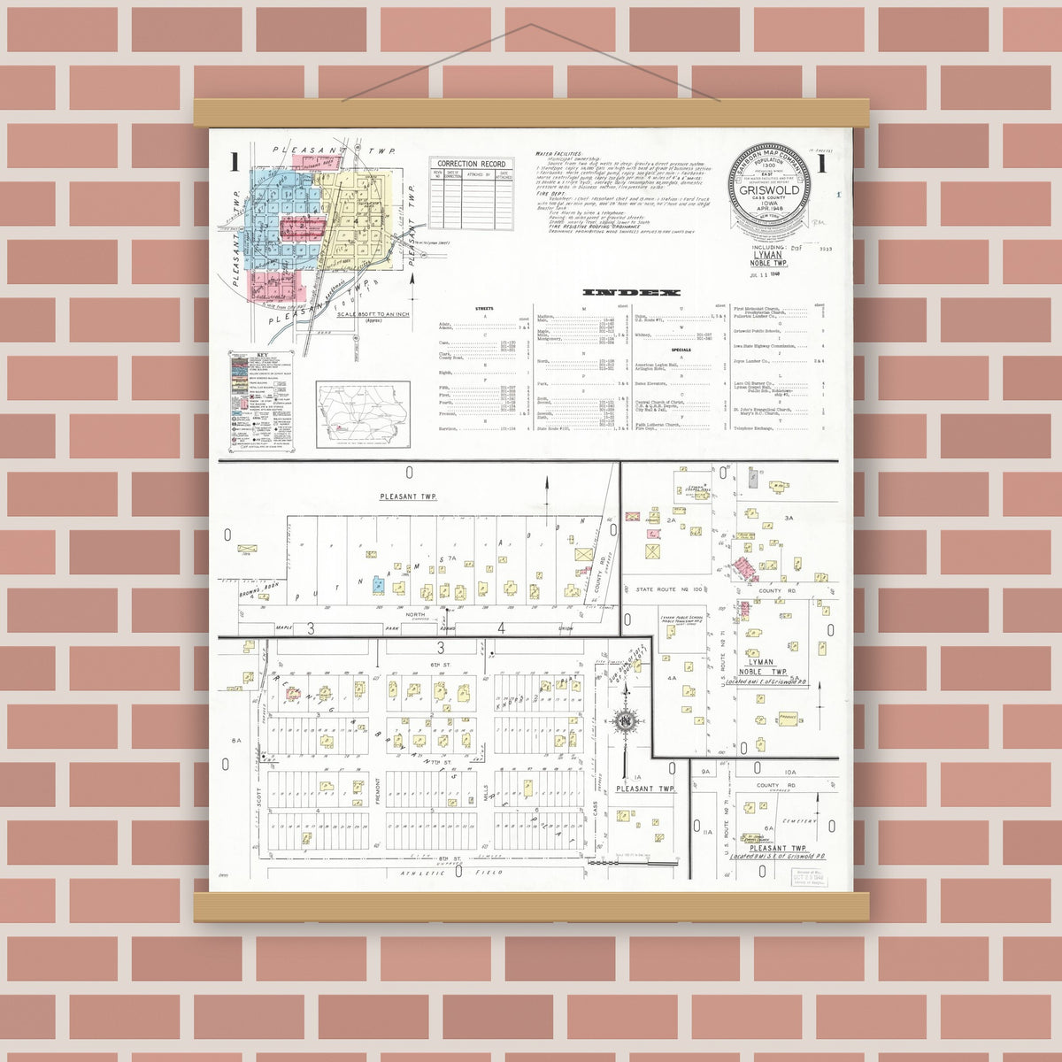 Old map wall art mockup — magnetic wood frame on brick wall — Sanborn Fire Insurance Map from Griswold, Cass County, Iowa (1948), Sheet #0001