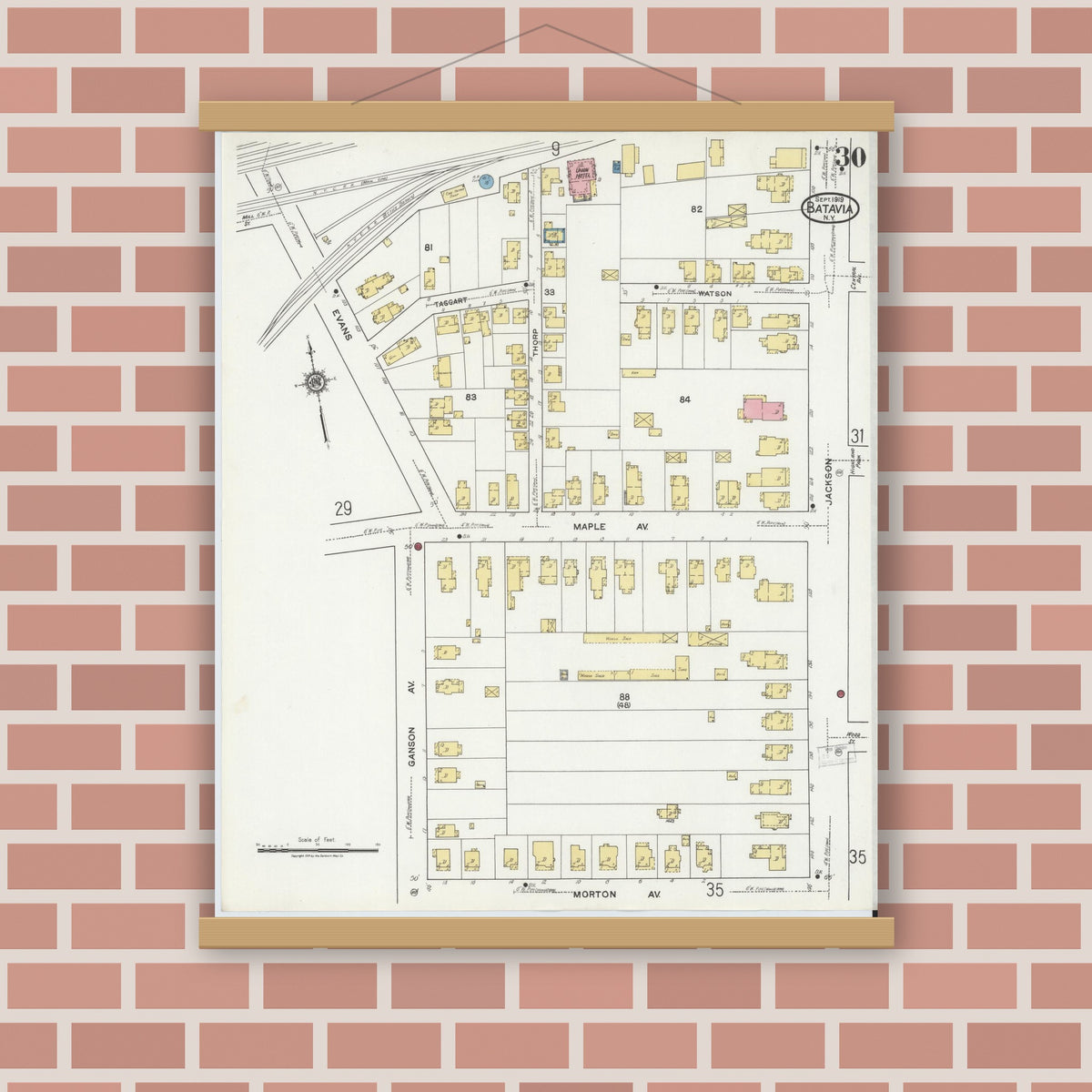 Old map wall art mockup — magnetic wood frame on brick wall — Sanborn Fire Insurance Map from Batavia, Genesee County, New York (1919), Sheet #0030