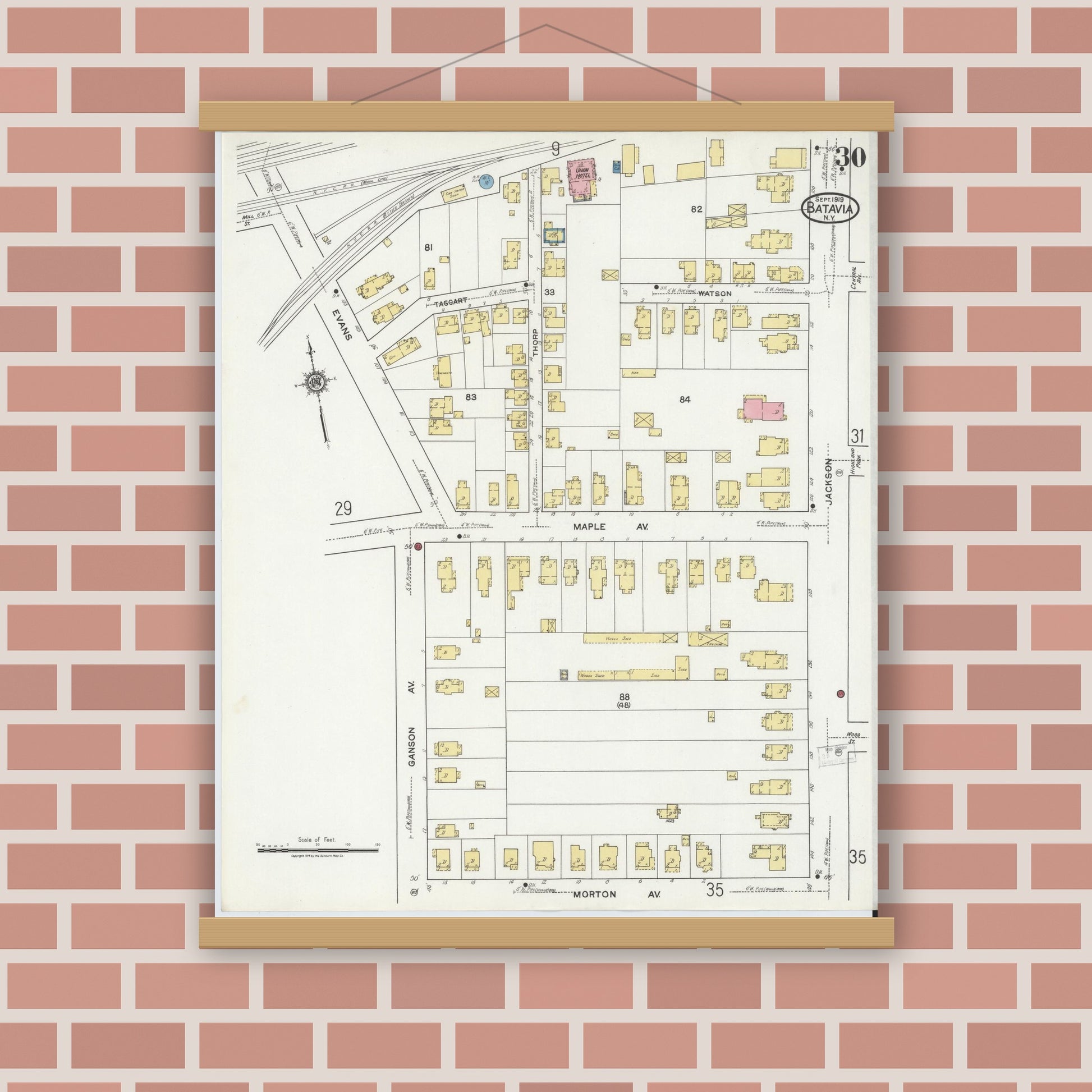 Old map wall art mockup — magnetic wood frame on brick wall — Sanborn Fire Insurance Map from Batavia, Genesee County, New York (1919), Sheet #0030