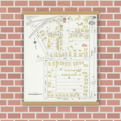 Old map wall art mockup — magnetic wood frame on brick wall — Sanborn Fire Insurance Map from Batavia, Genesee County, New York (1919), Sheet #0030