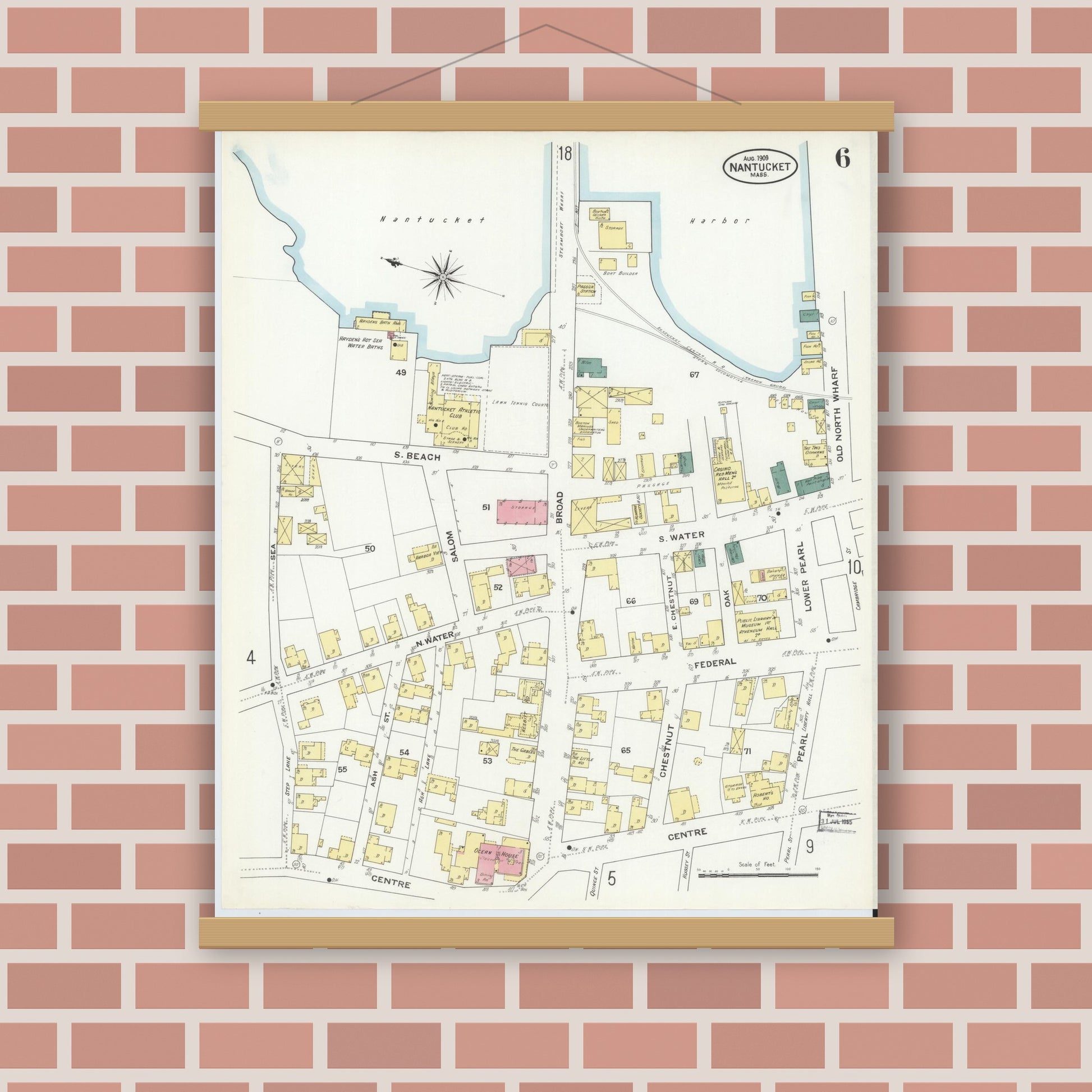 Old map wall art mockup — magnetic wood frame on brick wall — Sanborn Fire Insurance Map from Nantucket, Nantucket County, Massachusetts (1909), Sheet #0006
