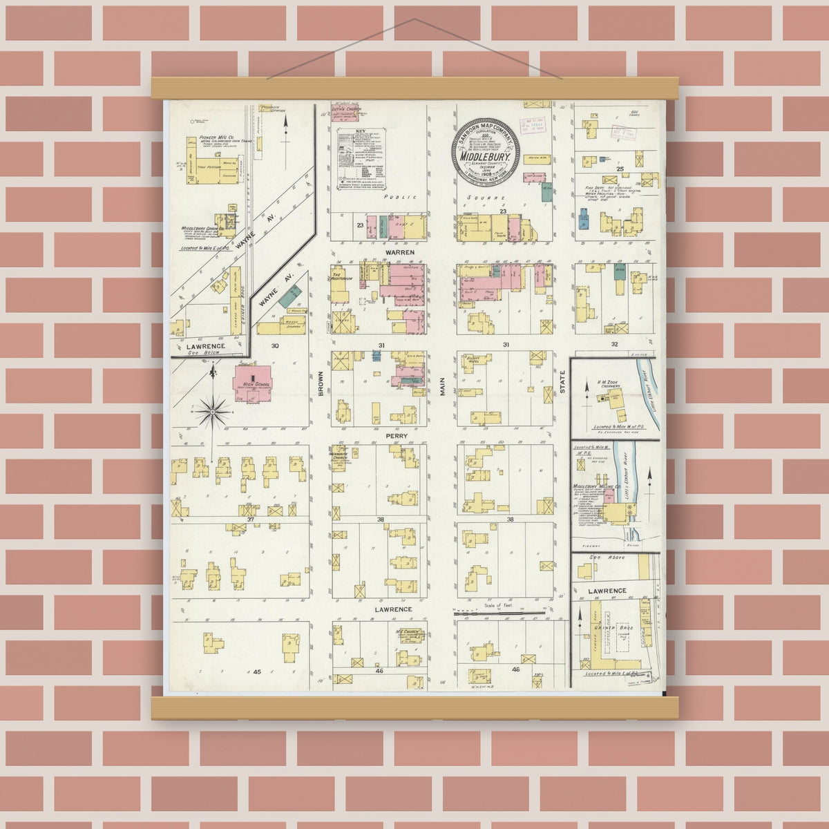 Old map wall art mockup — magnetic wood frame on brick wall — Sanborn Fire Insurance Map from Middlebury, Elkhart County, Indiana (1909), Sheet #0001