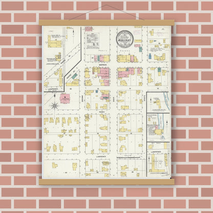 Old map wall art mockup — magnetic wood frame on brick wall — Sanborn Fire Insurance Map from Middlebury, Elkhart County, Indiana (1909), Sheet #0001