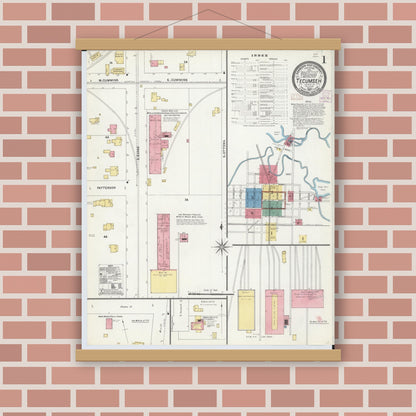Old map wall art mockup — magnetic wood frame on brick wall — Sanborn Fire Insurance Map from Tecumseh, Lenawee County, Michigan (1907), Sheet #0001