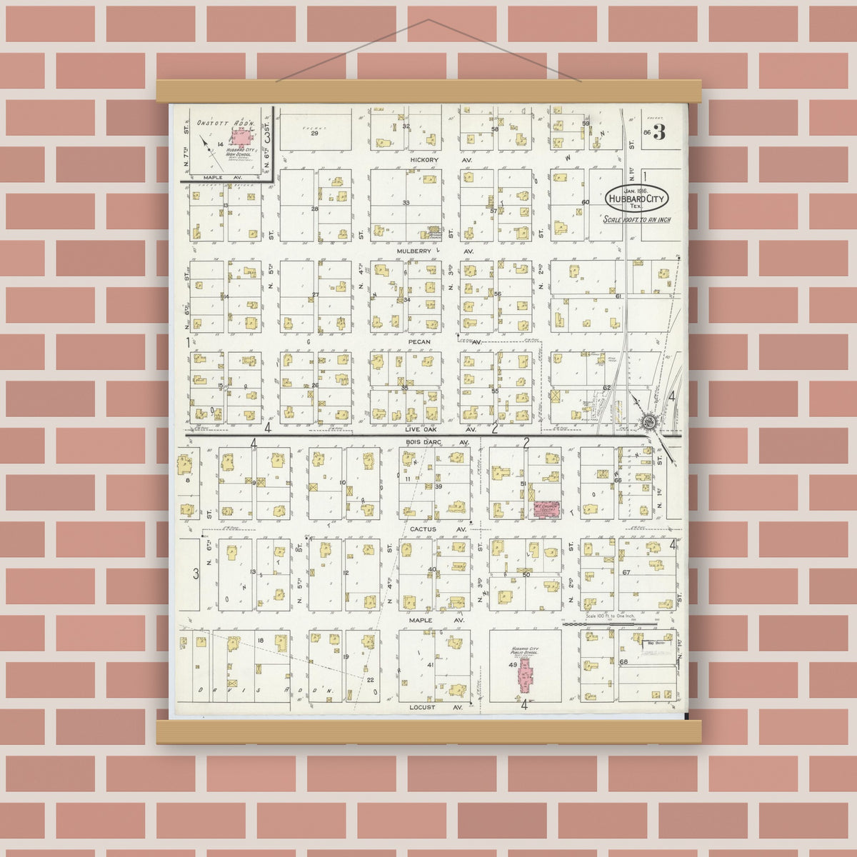 Old map wall art mockup — magnetic wood frame on brick wall — Sanborn Fire Insurance Map from Hubbard, Hill County, Texas (1916), Sheet #0003