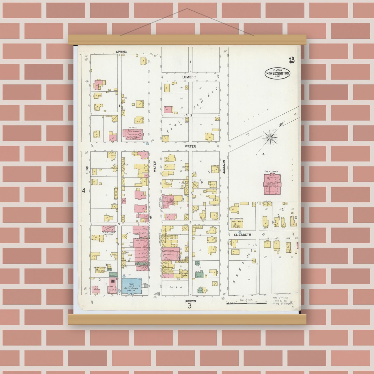 Old map wall art mockup — magnetic wood frame on brick wall — Sanborn Fire Insurance Map from New Lexington, Perry County, Ohio (1900), Sheet #0002