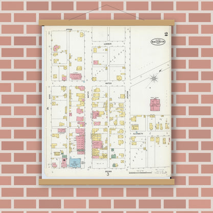 Old map wall art mockup — magnetic wood frame on brick wall — Sanborn Fire Insurance Map from New Lexington, Perry County, Ohio (1900), Sheet #0002