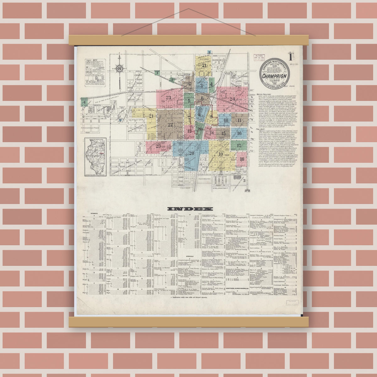 Old map wall art mockup — magnetic wood frame on brick wall — Sanborn Fire Insurance Map from Champaign, Champaign County, Illinois (1915), Sheet #0001