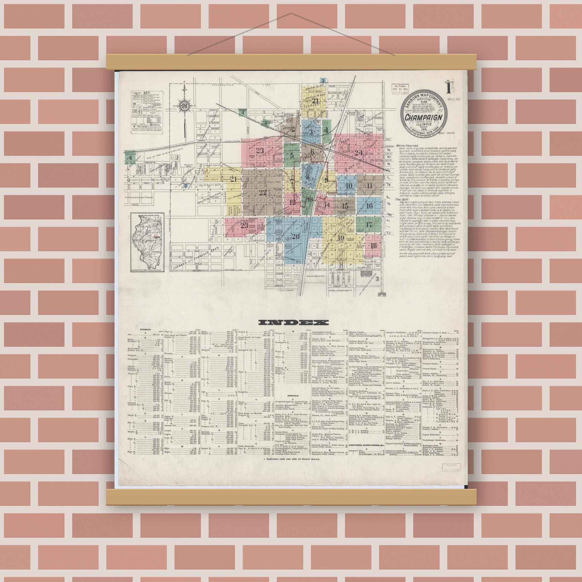 Old map wall art mockup — magnetic wood frame on brick wall — Sanborn Fire Insurance Map from Champaign, Champaign County, Illinois (1915), Sheet #0001