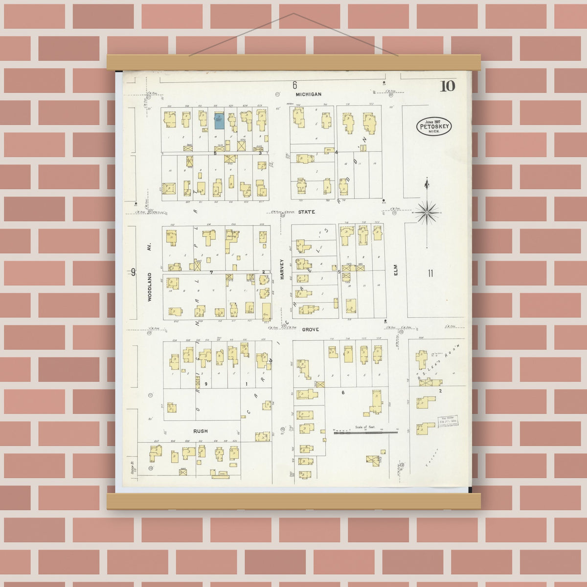 Old map wall art mockup — magnetic wood frame on brick wall — Sanborn Fire Insurance Map from Petoskey, Emmet County, Michigan (1907), Sheet #0010