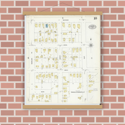 Old map wall art mockup — magnetic wood frame on brick wall — Sanborn Fire Insurance Map from Petoskey, Emmet County, Michigan (1907), Sheet #0010