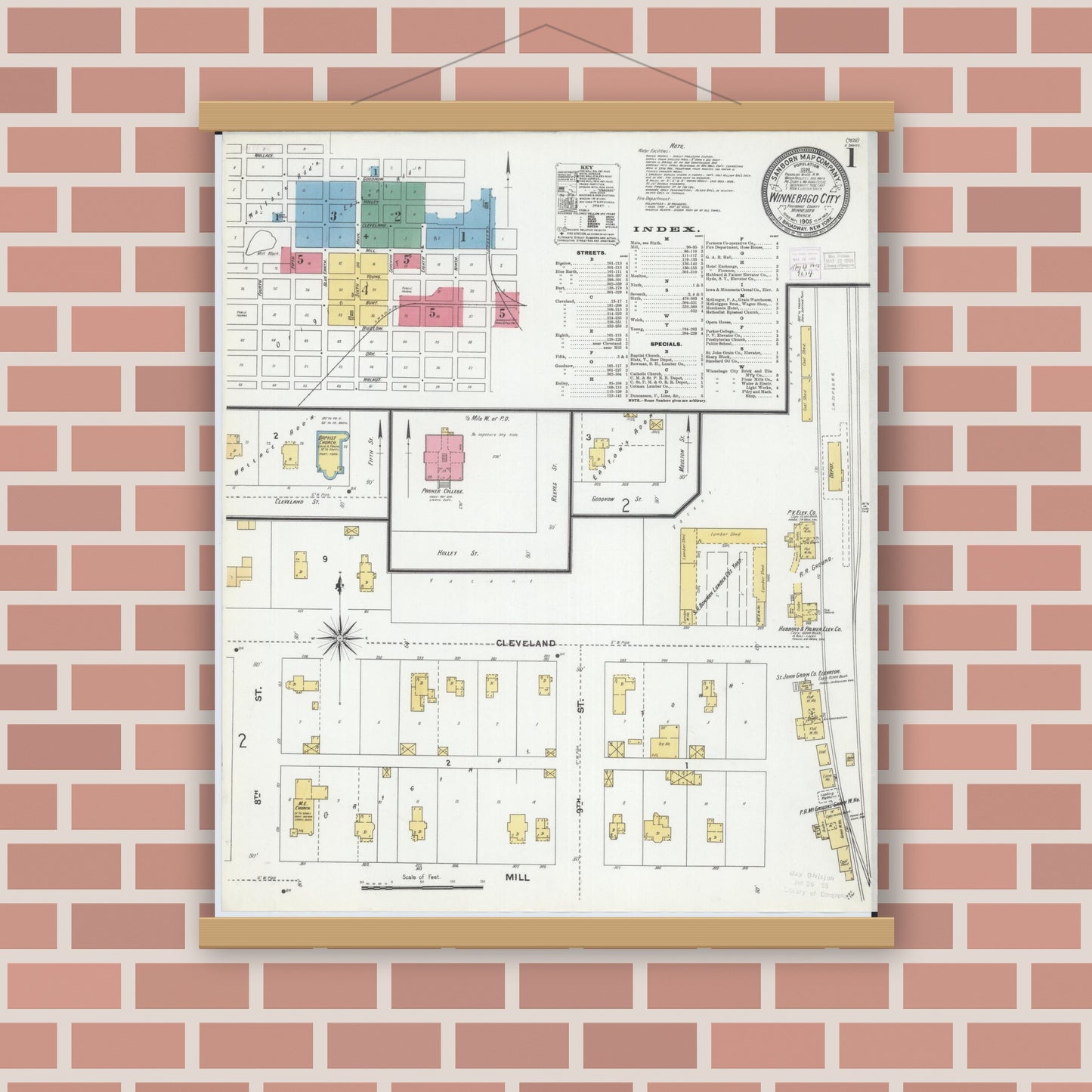 Old map wall art mockup — magnetic wood frame on brick wall — Sanborn Fire Insurance Map from Winnebago, Faribault County, Minnesota (1905) - Complete Map Set
