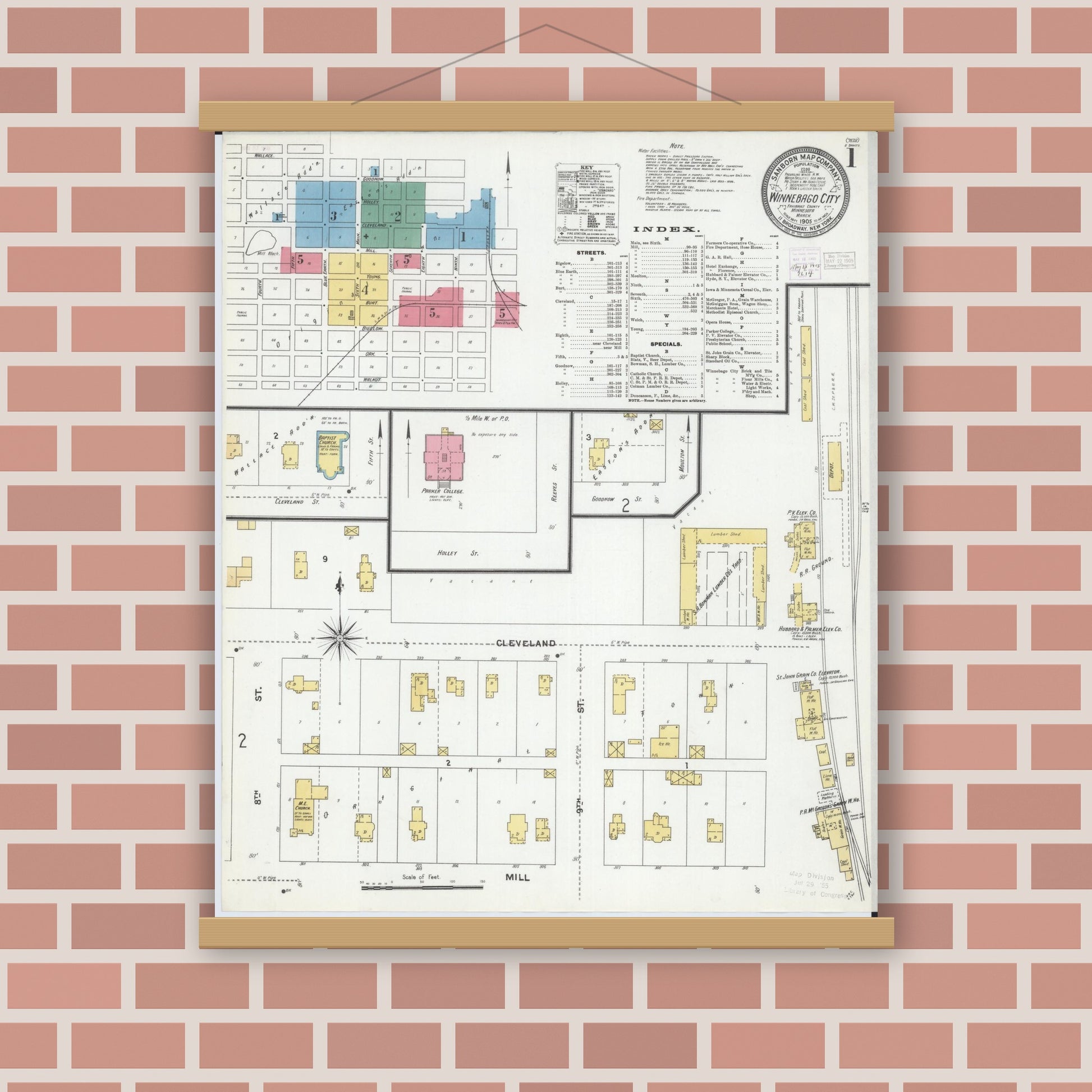 Old map wall art mockup — magnetic wood frame on brick wall — Sanborn Fire Insurance Map from Winnebago, Faribault County, Minnesota (1905) - Complete Map Set