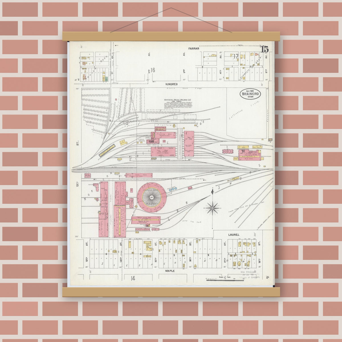 Old map wall art mockup — magnetic wood frame on brick wall — Sanborn Fire Insurance Map from Brainerd, Crow Wing County, Minnesota (1902), Sheet #0015