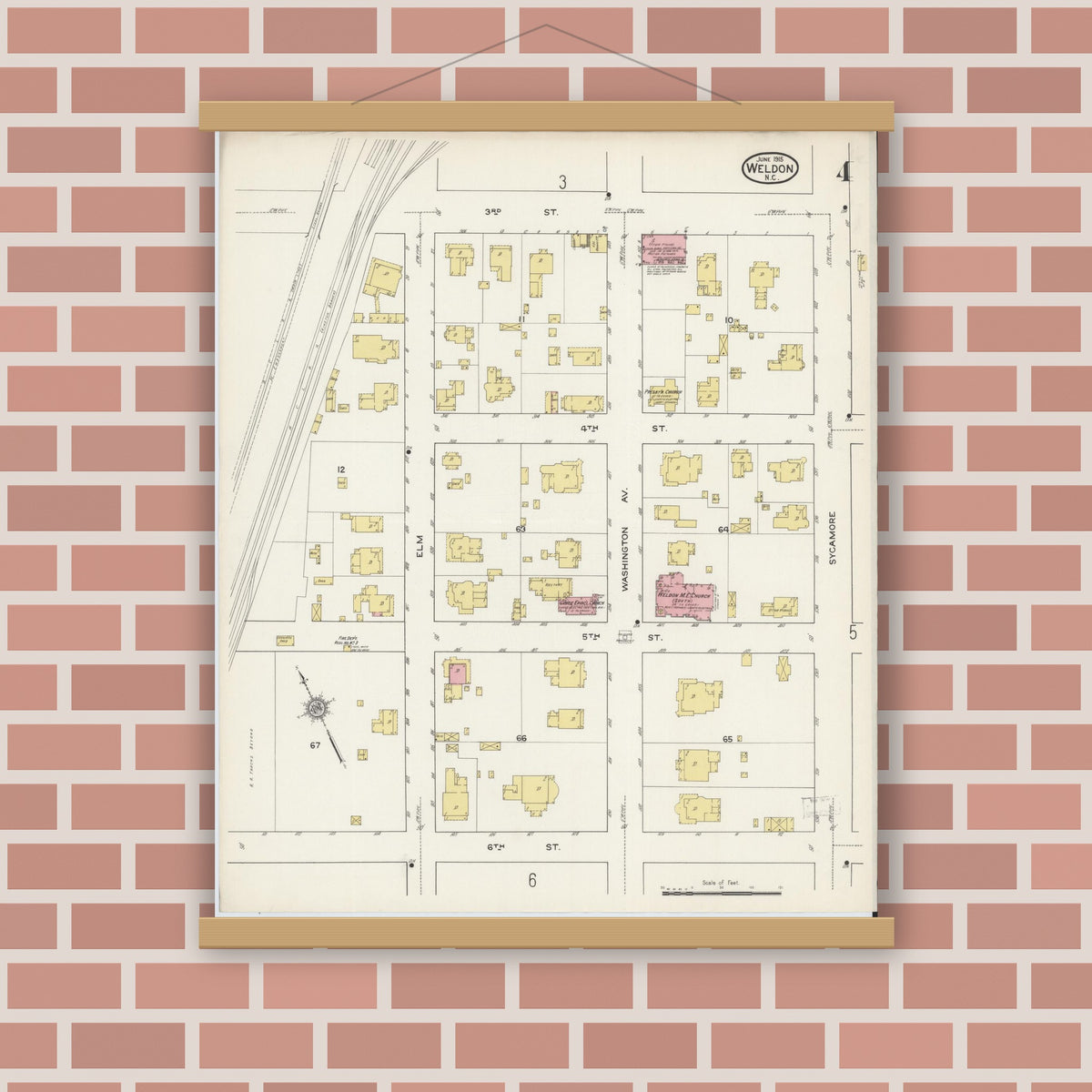 Old map wall art mockup — magnetic wood frame on brick wall — Sanborn Fire Insurance Map from Weldon, Halifax County, North Carolina (1915), Sheet #0004
