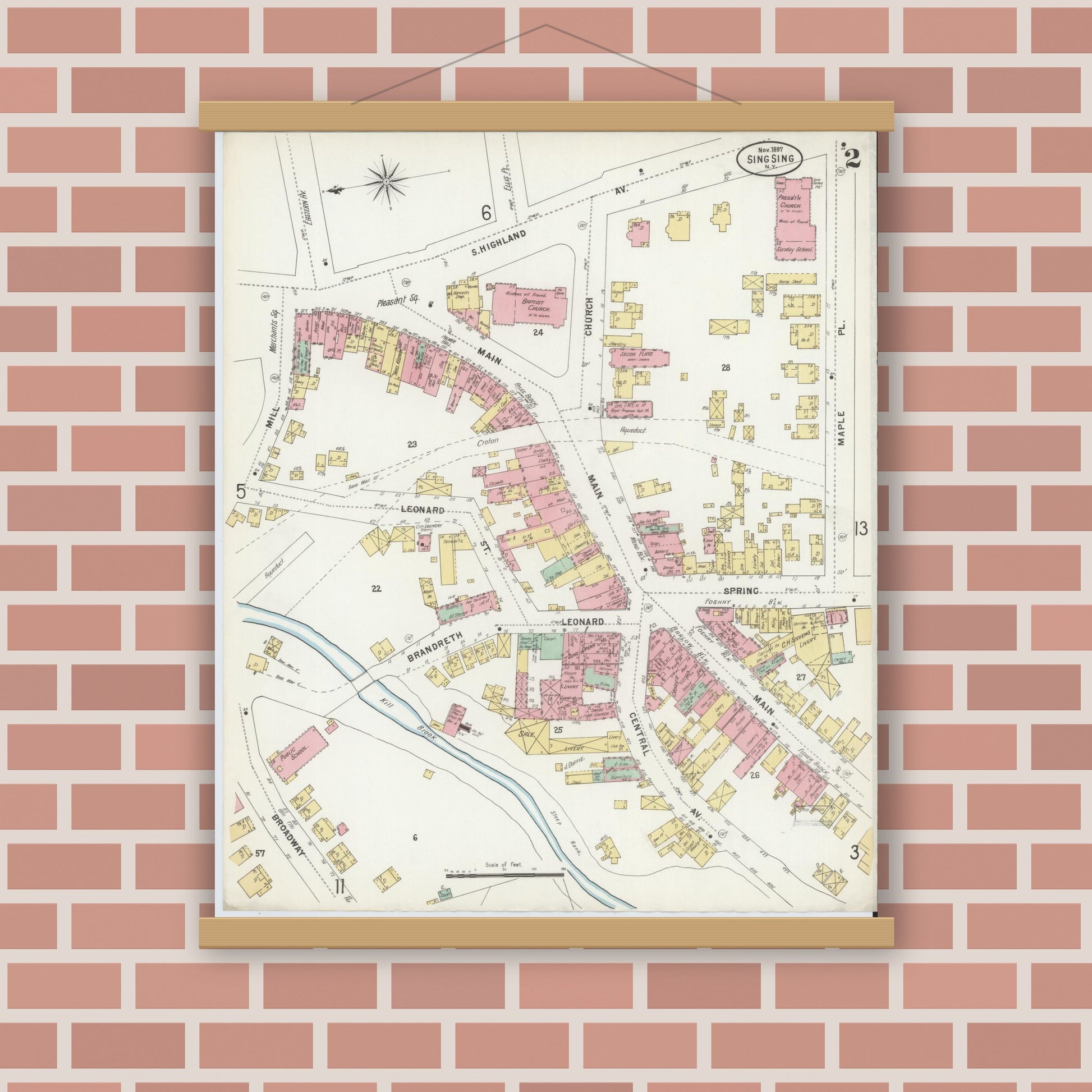 Old map wall art mockup — magnetic wood frame on brick wall — Sanborn Fire Insurance Map from Sing Sing, Westchester County, New York (1897), Sheet #0002