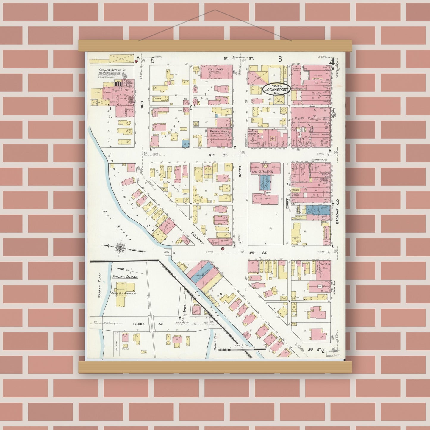 Old map wall art mockup — magnetic wood frame on brick wall — Sanborn Fire Insurance Map from Logansport, Cass County, Indiana (1911), Sheet #0004