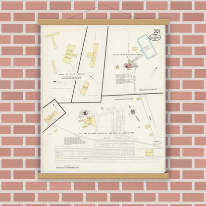 Old map wall art mockup — magnetic wood frame on brick wall — Sanborn Fire Insurance Map from Salisbury, Rowan County, North Carolina (1913), Sheet #0033