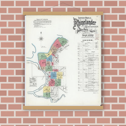 Old map wall art mockup — magnetic wood frame on brick wall — Sanborn Fire Insurance Map from Rhinelander, Oneida County, Wisconsin (1900) - Complete Map Set