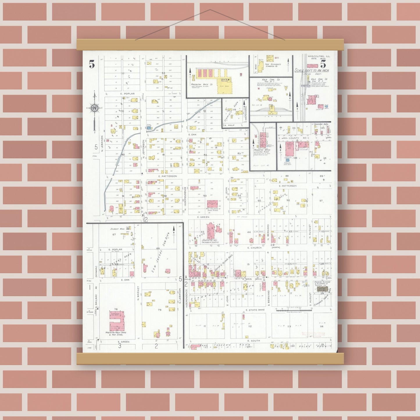 Old map wall art mockup — magnetic wood frame on brick wall — Sanborn Fire Insurance Map from Mascoutah, Saint Clair County, Illinois (1933), Sheet #0005