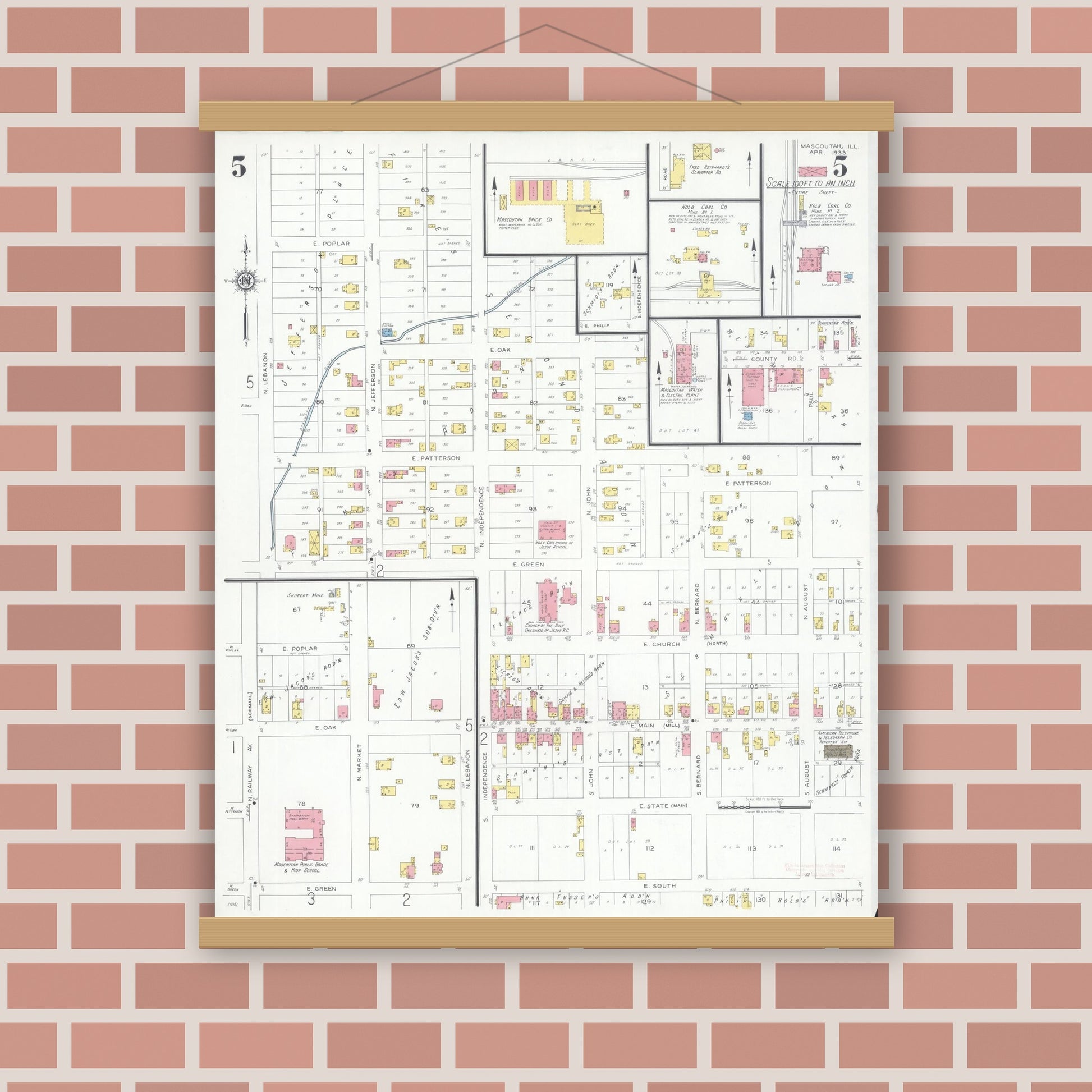 Old map wall art mockup — magnetic wood frame on brick wall — Sanborn Fire Insurance Map from Mascoutah, Saint Clair County, Illinois (1933), Sheet #0005