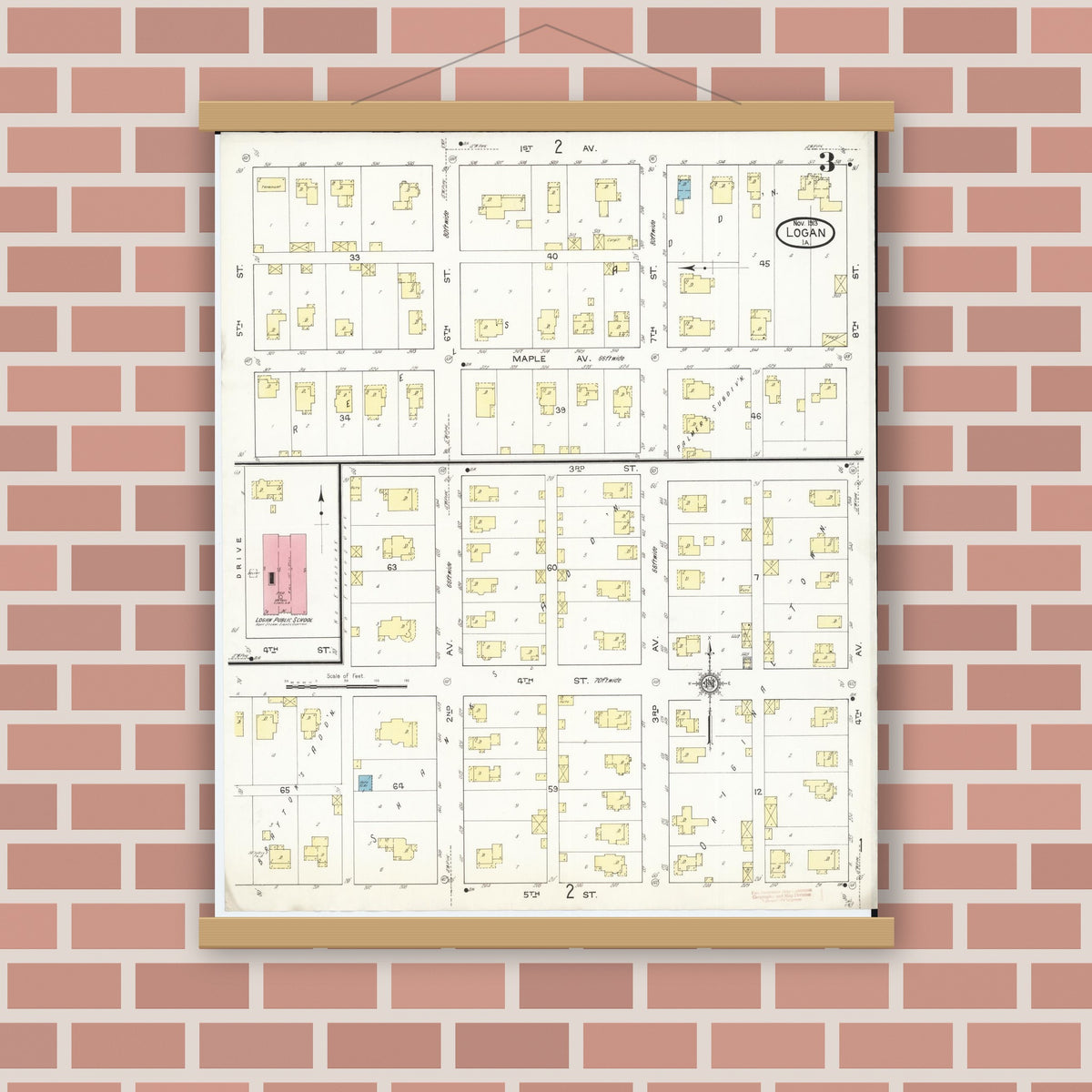 Old map wall art mockup — magnetic wood frame on brick wall — Sanborn Fire Insurance Map from Logan, Harrison County, Iowa (1913), Sheet #0003