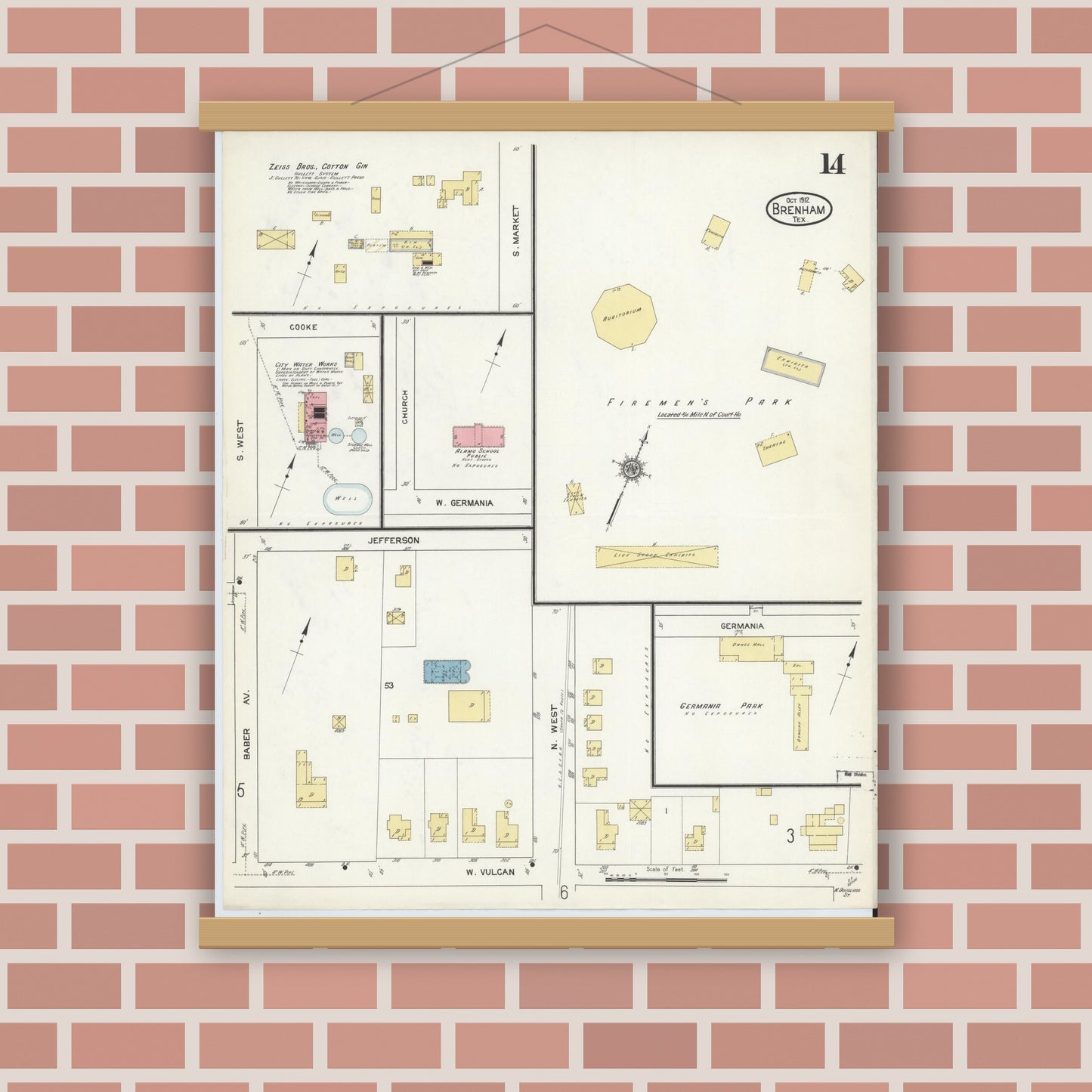 Old map wall art mockup — magnetic wood frame on brick wall — Sanborn Fire Insurance Map from Brenham, Washington County, Texas (1912), Sheet #0014