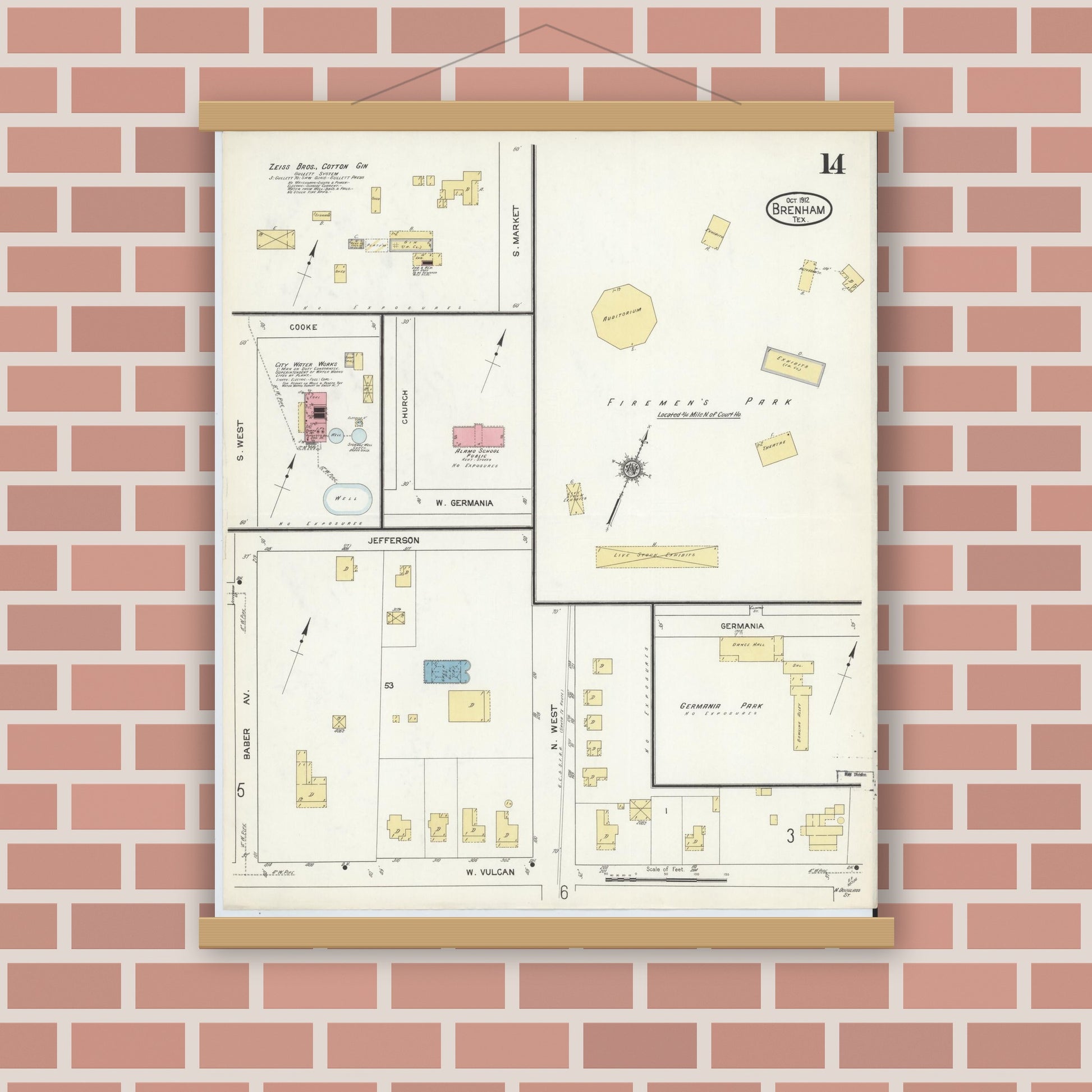 Old map wall art mockup — magnetic wood frame on brick wall — Sanborn Fire Insurance Map from Brenham, Washington County, Texas (1912), Sheet #0014