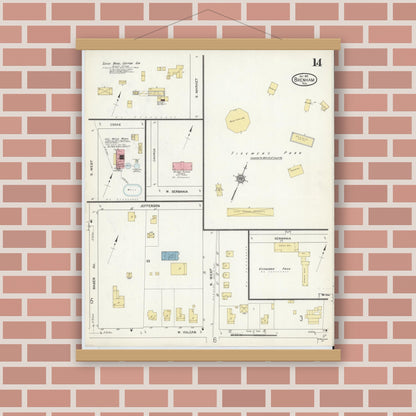 Old map wall art mockup — magnetic wood frame on brick wall — Sanborn Fire Insurance Map from Brenham, Washington County, Texas (1912), Sheet #0014