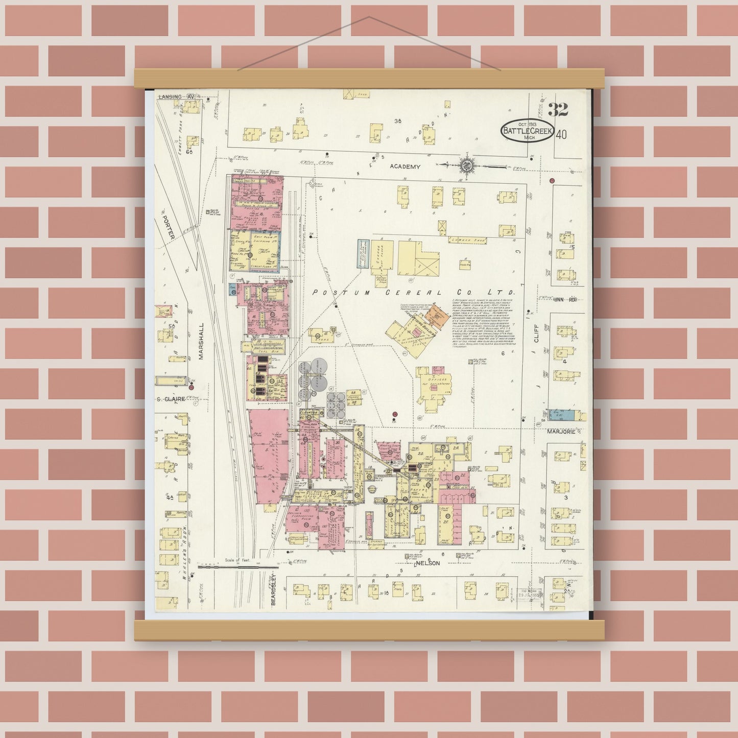 Old map wall art mockup — magnetic wood frame on brick wall — Sanborn Fire Insurance Map from Battle Creek, Calhoun County, Michigan (1913), Sheet #0032