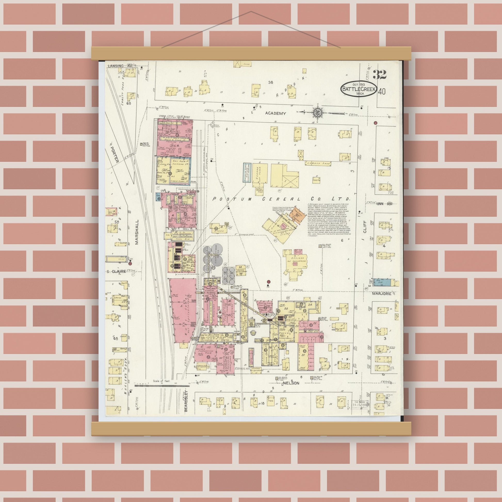 Old map wall art mockup — magnetic wood frame on brick wall — Sanborn Fire Insurance Map from Battle Creek, Calhoun County, Michigan (1913), Sheet #0032