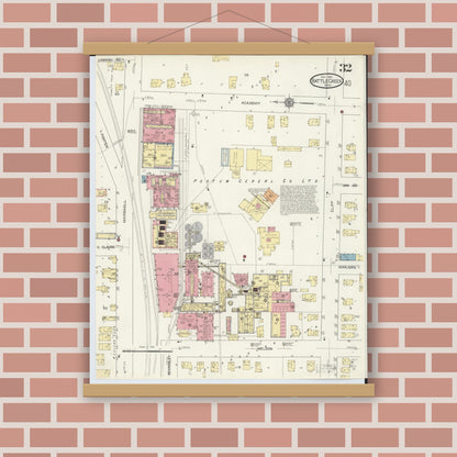 Old map wall art mockup — magnetic wood frame on brick wall — Sanborn Fire Insurance Map from Battle Creek, Calhoun County, Michigan (1913), Sheet #0032