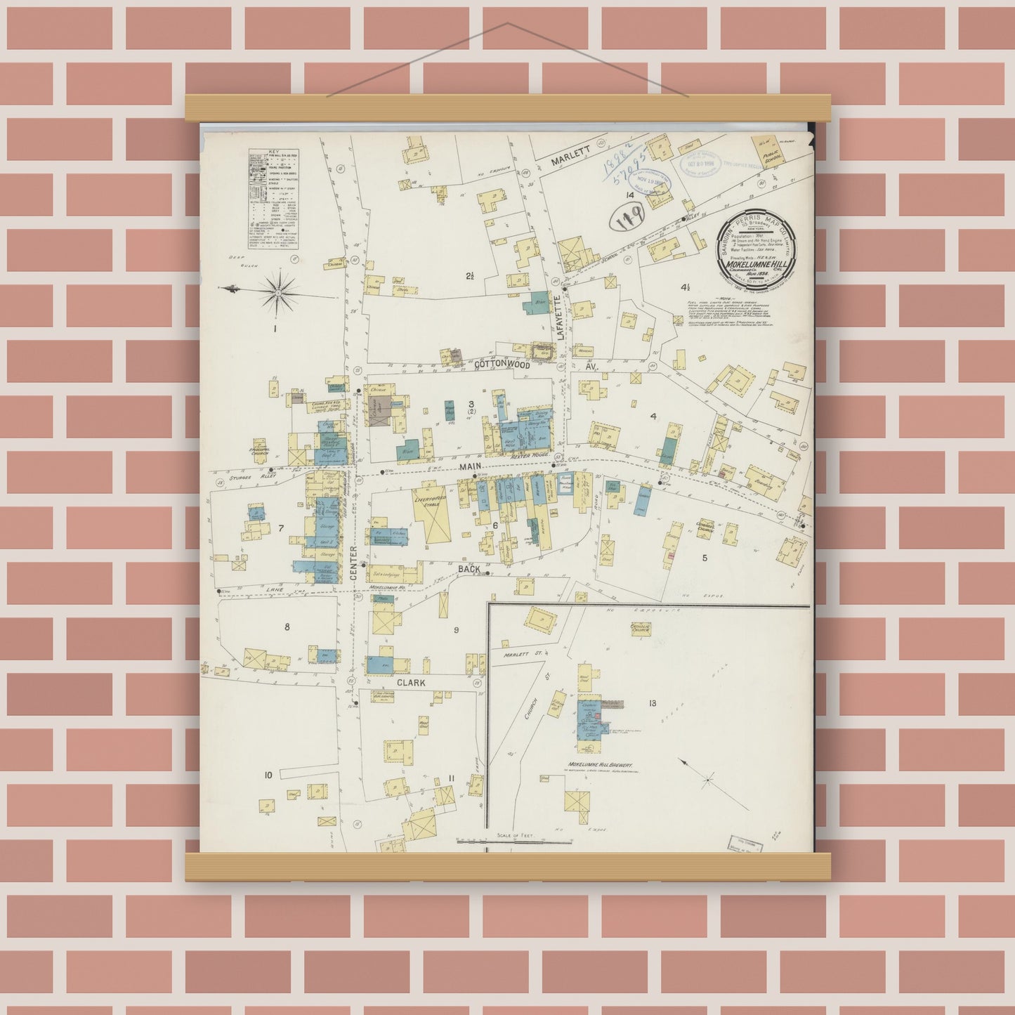 Old map wall art mockup — magnetic wood frame on brick wall — Sanborn Fire Insurance Map from Mokelumne Hill, Calaveras County, California (1898), Sheet #0001