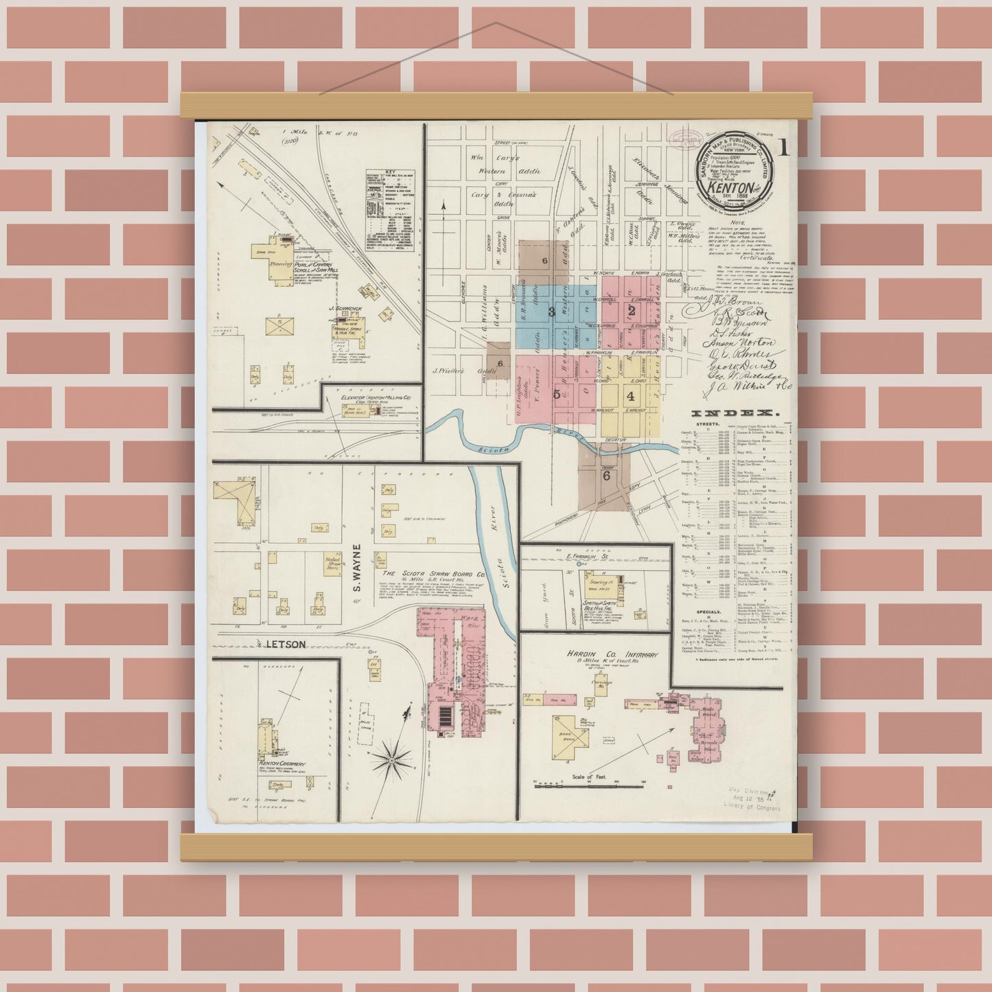 Old map wall art mockup — magnetic wood frame on brick wall — Sanborn Fire Insurance Map from Kenton, Hardin County, Ohio (1888), Sheet #0001