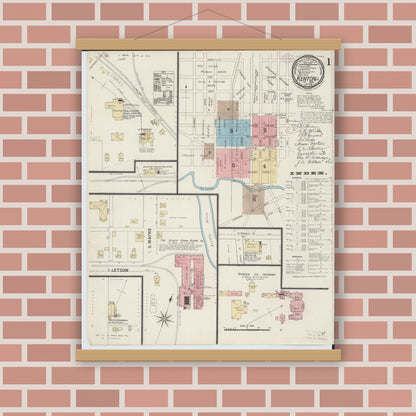 Old map wall art mockup — magnetic wood frame on brick wall — Sanborn Fire Insurance Map from Kenton, Hardin County, Ohio (1888), Sheet #0001
