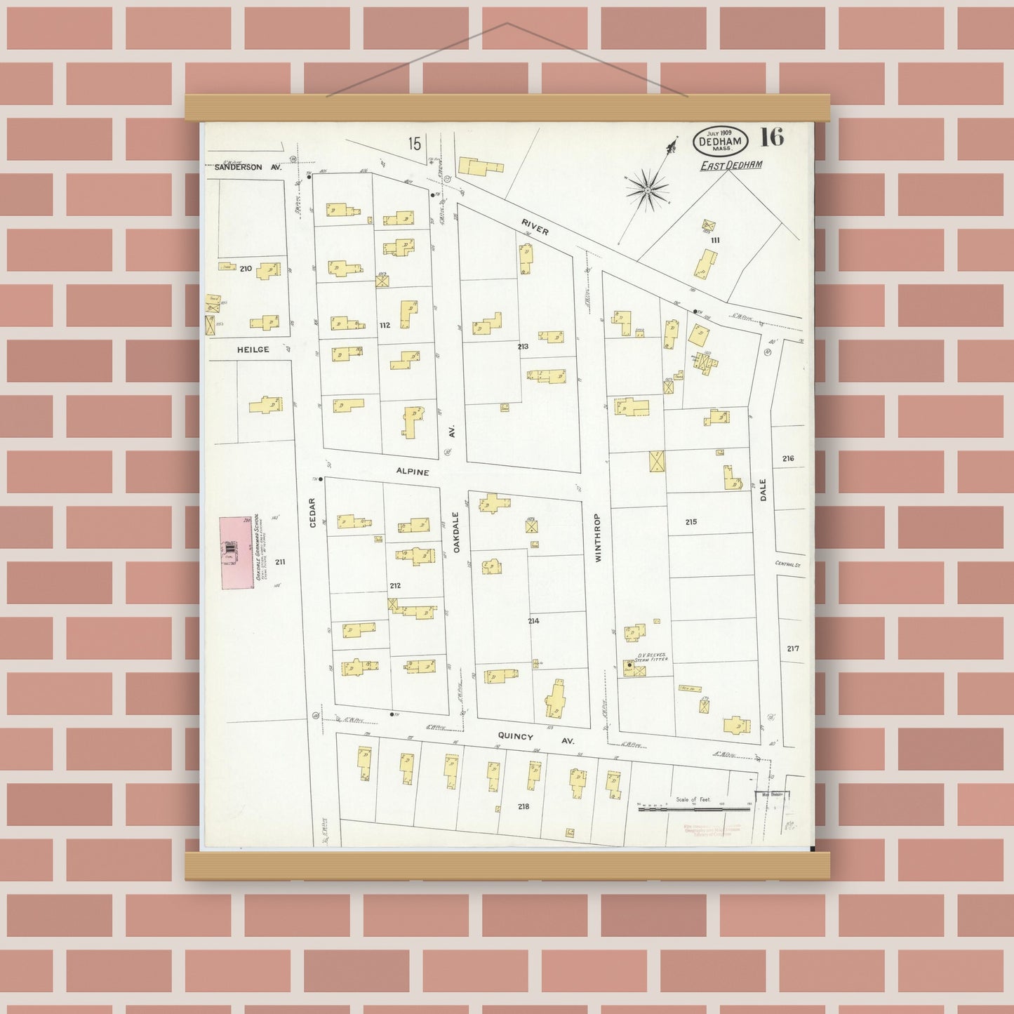 Old map wall art mockup — magnetic wood frame on brick wall — Sanborn Fire Insurance Map from Dedham, Norfolk County, Massachusetts (1909), Sheet #0016