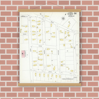 Old map wall art mockup — magnetic wood frame on brick wall — Sanborn Fire Insurance Map from Dedham, Norfolk County, Massachusetts (1909), Sheet #0016