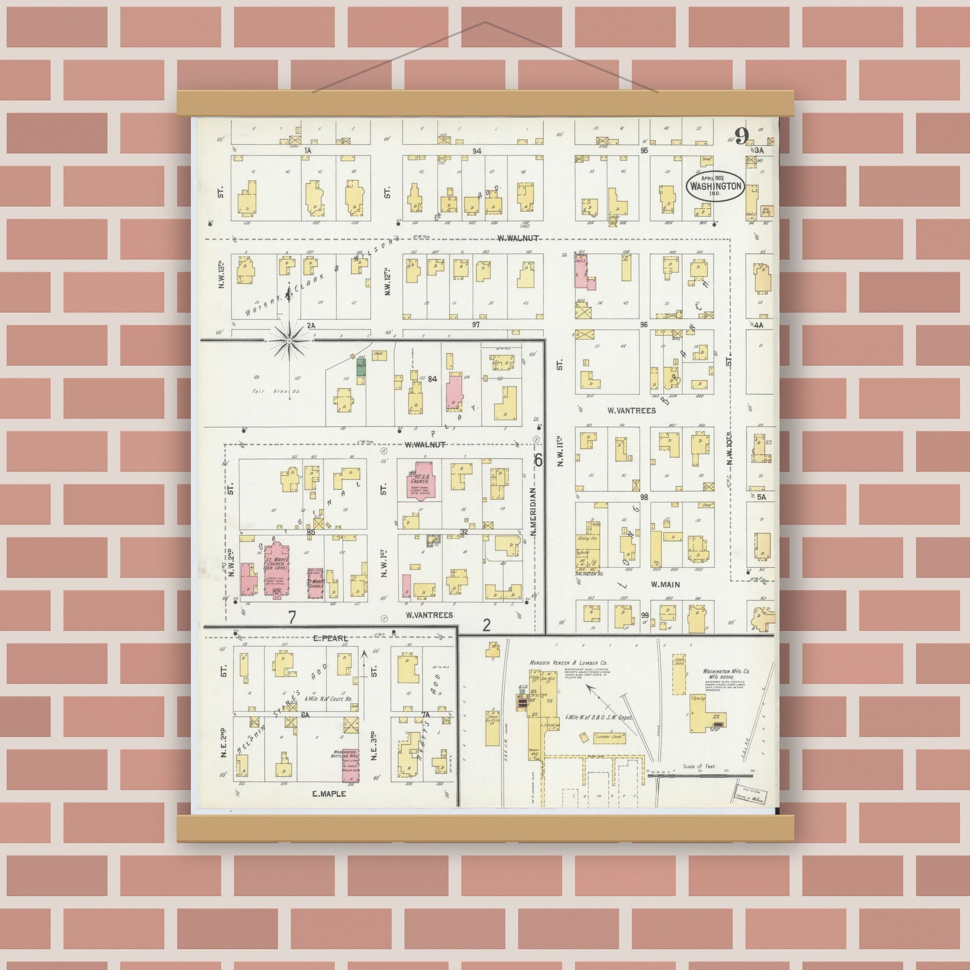 Old map wall art mockup — magnetic wood frame on brick wall — Sanborn Fire Insurance Map from Washington, Daviess County, Indiana (1902), Sheet #0009