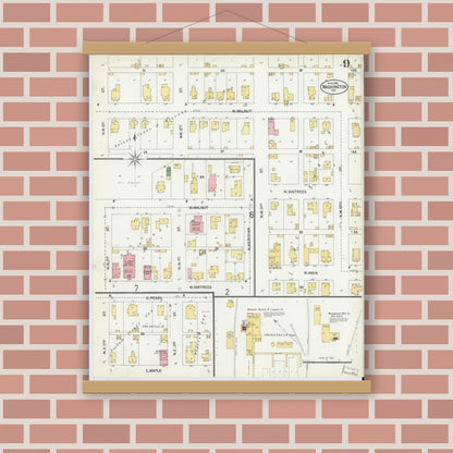 Old map wall art mockup — magnetic wood frame on brick wall — Sanborn Fire Insurance Map from Washington, Daviess County, Indiana (1902), Sheet #0009