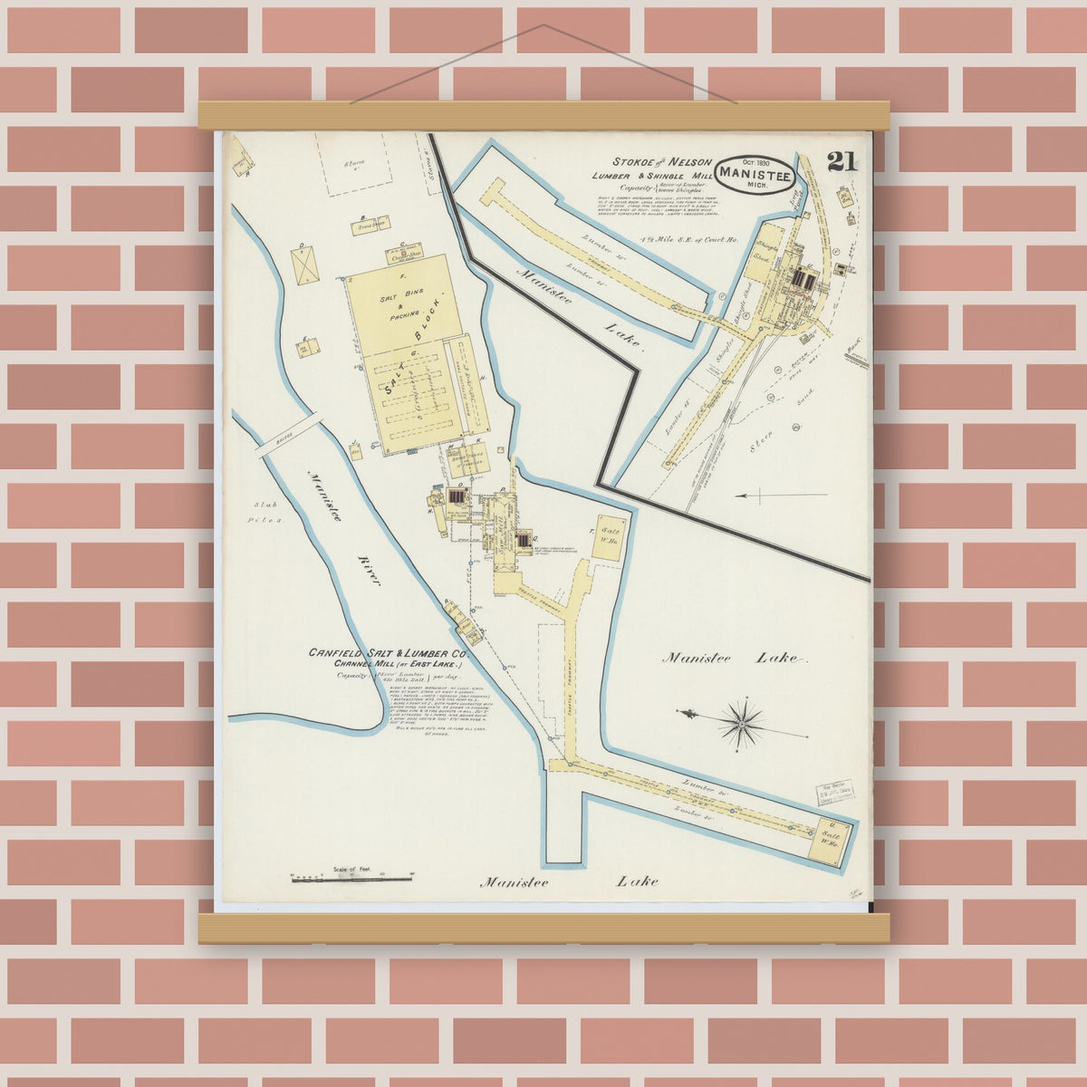 Old map wall art mockup — magnetic wood frame on brick wall — Sanborn Fire Insurance Map from Manistee, Manistee County, Michigan (1890), Sheet #0021