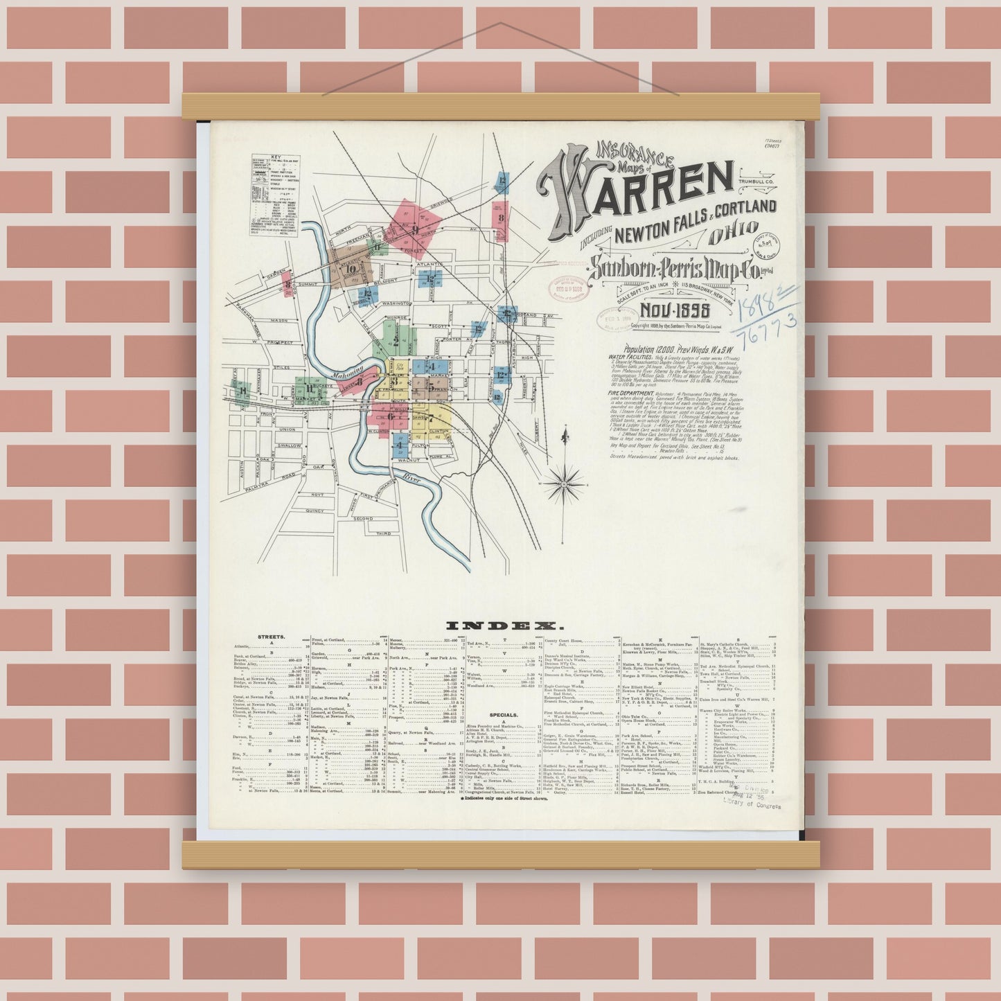 Old map wall art mockup — magnetic wood frame on brick wall — Sanborn Fire Insurance Map from Warren, Trumbull County, Ohio (1898) - Complete Map Set